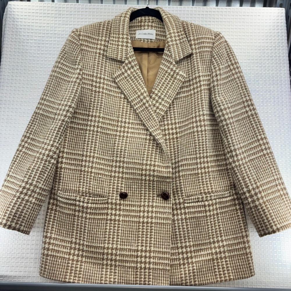 Vtg JH Collectibles Houndstooth Wool Blazer‎ Double Breasted Brown Beige Size 14